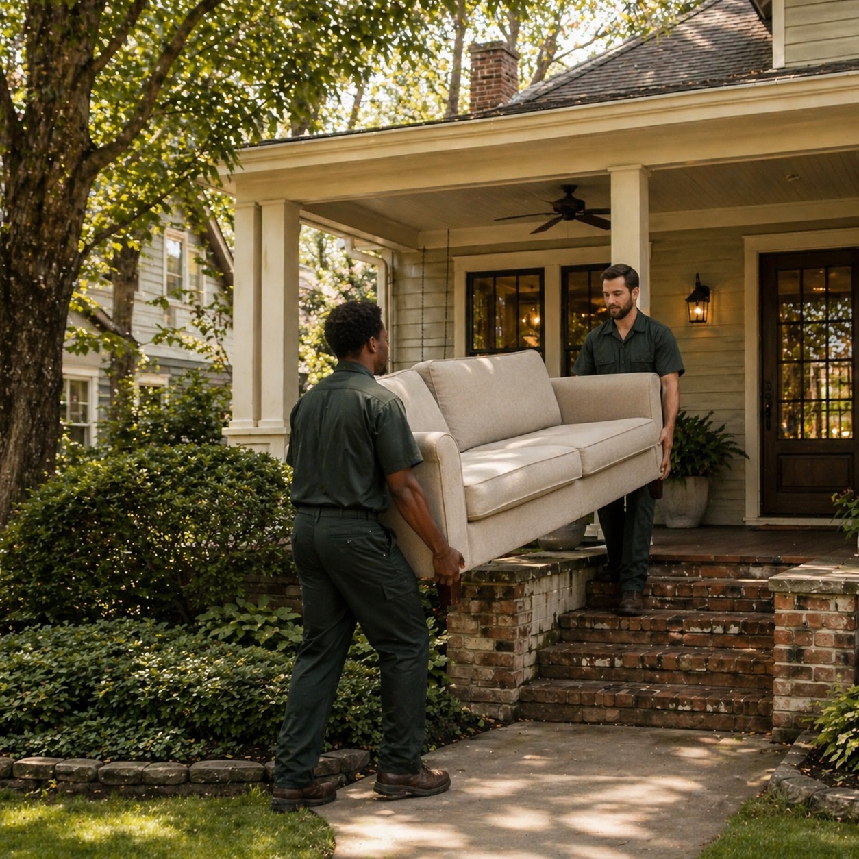 Two Cleared crew members carrying a sofa down the front steps of an Atlanta home